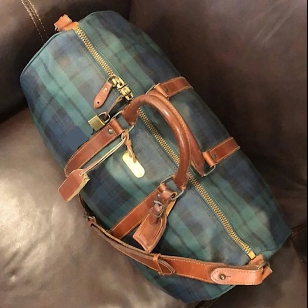 RALPH LAUREN Black Watch Plaid Duffle Boston Travel Shoulder Bag 48cm